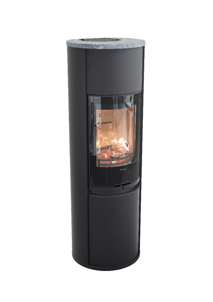 Contura 690 noir - Porte en verre, plateau supérieur en pierre ollaire